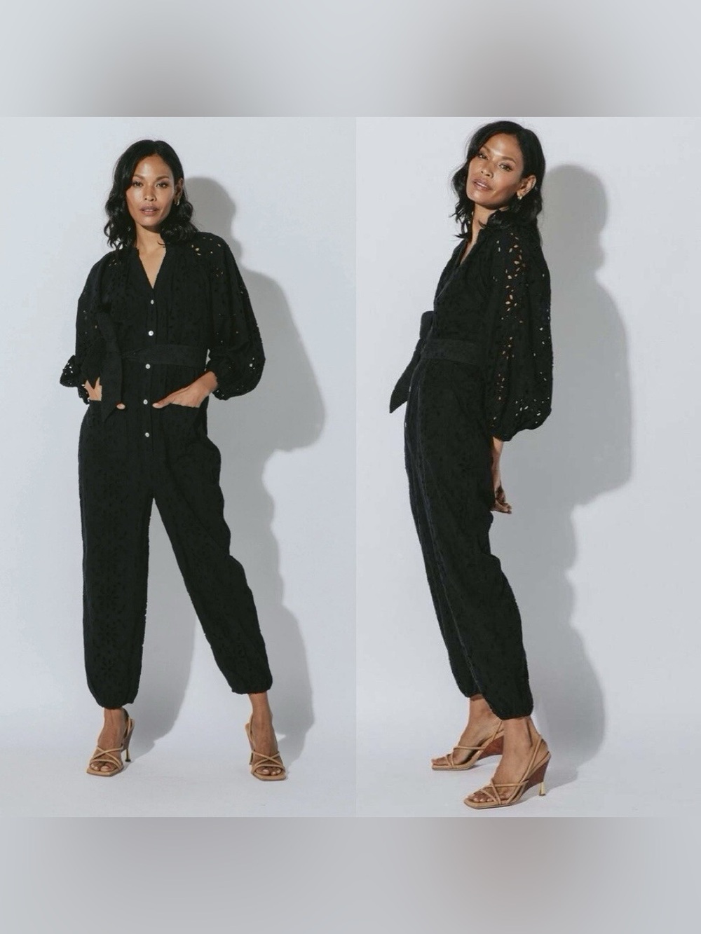 Cleobella Penelope Eyelet Jumpsuit Black Size M Organic Cotton Belted